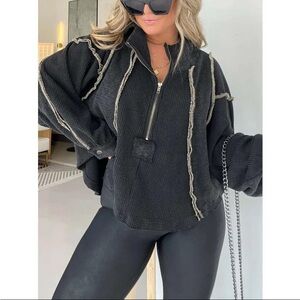 POL Clothing Oversized Waffle Thermal Knit Half Zip Pullover Hoodie Grey Black